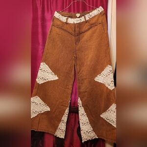 POL Brown Flare Pants with Cream Lace Accents